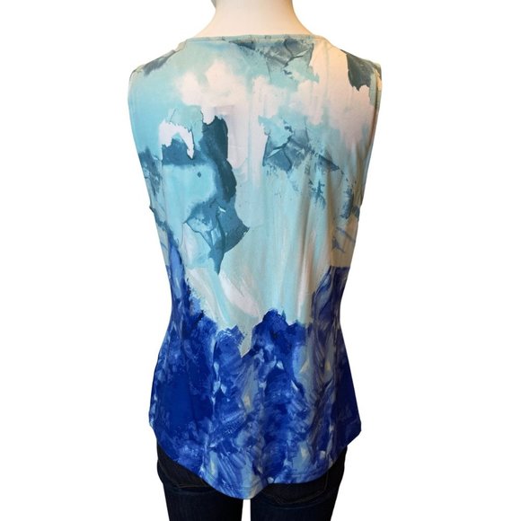 Tahari Womens Tie Dye Tank Top Pleated Neck 7289M480 Sleeveless Blue White SZ S - Picture 2 of 7